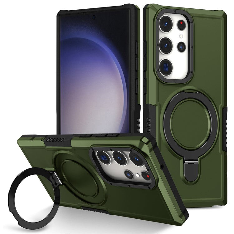 For Samsung Galaxy S23 Ultra Case Magnetic TPU+PC Phone Cover with Ring Kickstand - Blackish Green