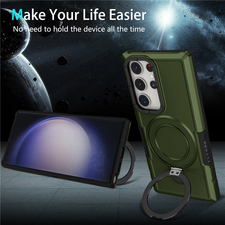 For Samsung Galaxy S23 Ultra Case Magnetic TPU+PC Phone Cover with Ring Kickstand - Blackish Green
