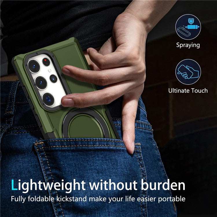 For Samsung Galaxy S23 Ultra Case Magnetic TPU+PC Phone Cover with Ring Kickstand - Blackish Green