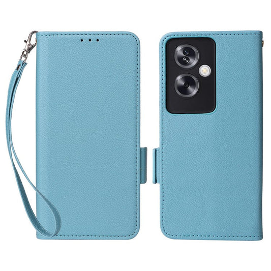 For Oppo A79 5G / A2 5G / OnePlus Nord N30 SE 5G Cover PU Leather Wallet Anti-Scratch Cell Phone Case with Strap - Baby Blue
