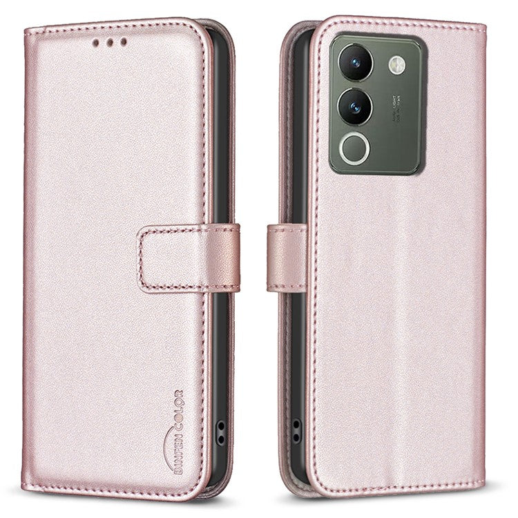 BINFEN COLOR BF17 For vivo Y200 (India) 5G Protective Case PU Leather Wallet Phone Cover - Rose Gold