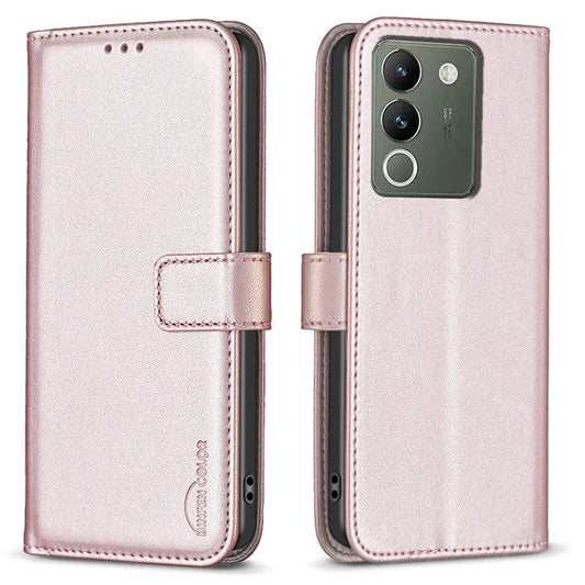 BINFEN COLOR BF17 For vivo Y200 (India) 5G Protective Case PU Leather Wallet Phone Cover - Rose Gold