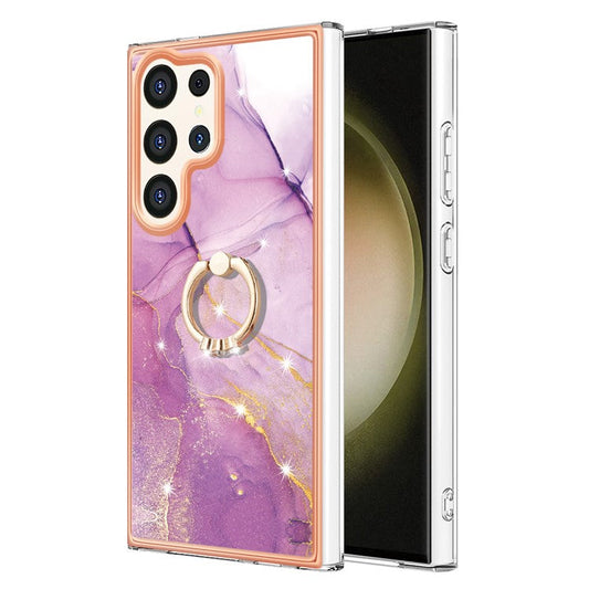 YB IMD Series-10 For Samsung Galaxy S24 Ultra Ring Holder Case Marble TPU Phone Cover - Purple 001