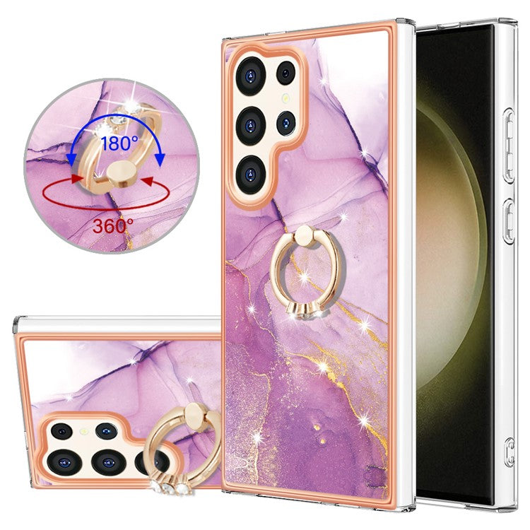 YB IMD Series-10 For Samsung Galaxy S24 Ultra Ring Holder Case Marble TPU Phone Cover - Purple 001