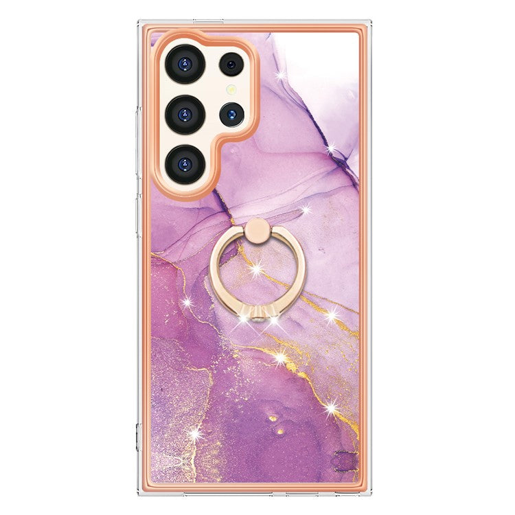 YB IMD Series-10 For Samsung Galaxy S24 Ultra Ring Holder Case Marble TPU Phone Cover - Purple 001