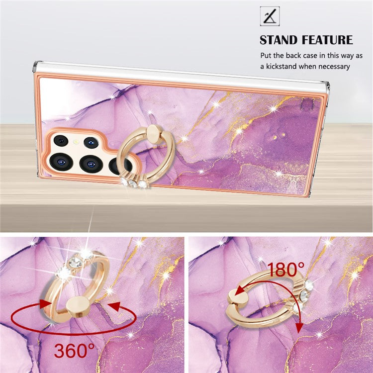 YB IMD Series-10 For Samsung Galaxy S24 Ultra Ring Holder Case Marble TPU Phone Cover - Purple 001