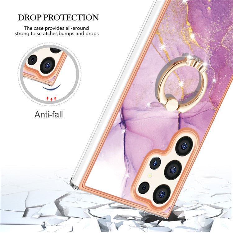 YB IMD Series-10 For Samsung Galaxy S24 Ultra Ring Holder Case Marble TPU Phone Cover - Purple 001