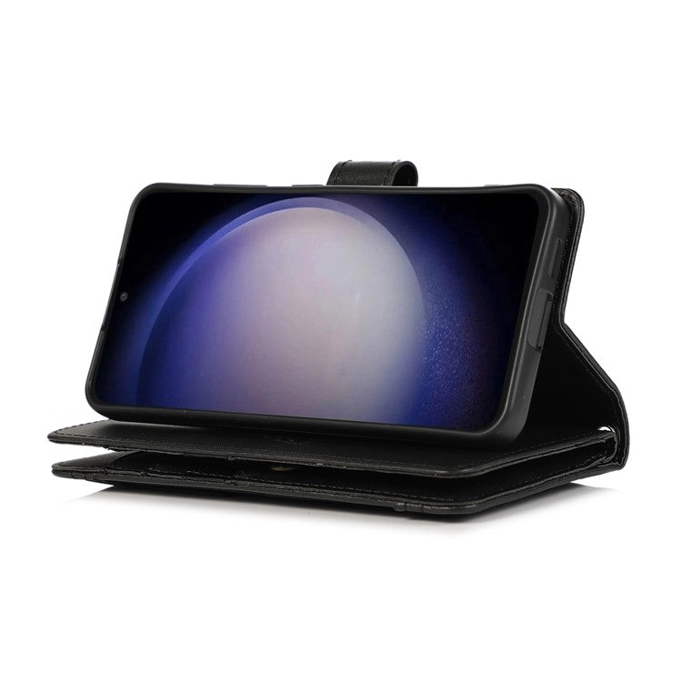 For Samsung Galaxy S24+ Cell Phone Cases Split Leather Stand Wallet Cover with Handy Strap - Black