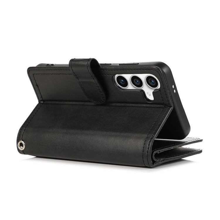 For Samsung Galaxy S24+ Cell Phone Cases Split Leather Stand Wallet Cover with Handy Strap - Black