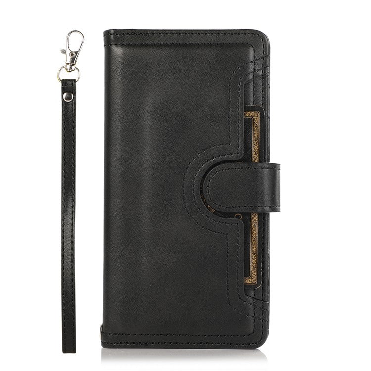 For Samsung Galaxy S24+ Cell Phone Cases Split Leather Stand Wallet Cover with Handy Strap - Black