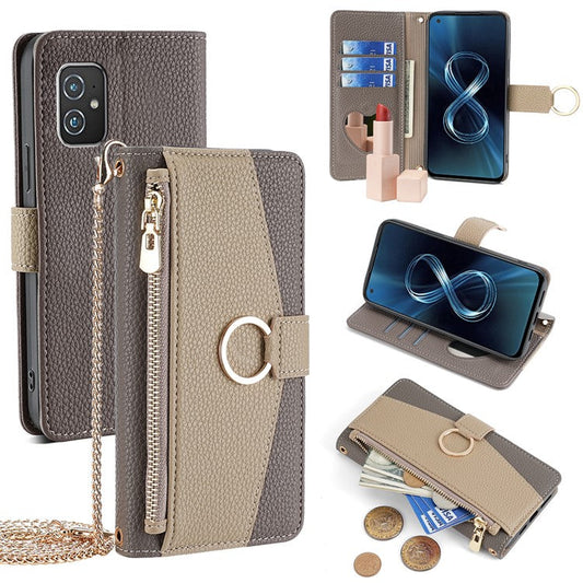 For Asus Zenfone 8 ZS590KS Case Wallet Stand Metal Ring Leather Phone Cover - Grey