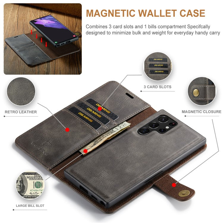 DG.MING for Samsung Galaxy S24 Ultra Case Detachable Split Leather Cover with Stand Wallet - Grey