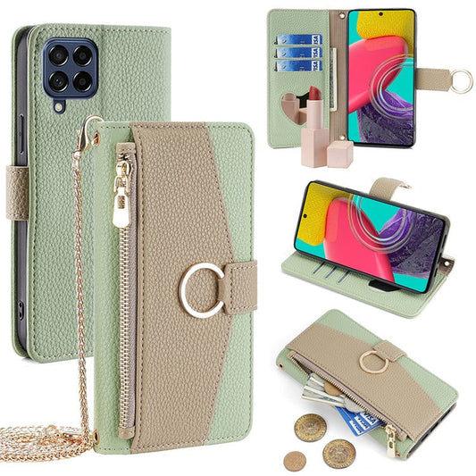 For Samsung Galaxy M53 5G Case Zipper Pocket Crossbody Phone Wallet Cover - Green
