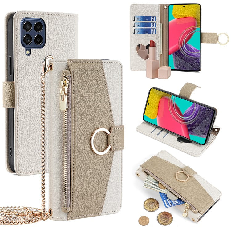 For Samsung Galaxy M53 5G Case Zipper Pocket Crossbody Phone Wallet Cover - White
