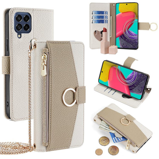 For Samsung Galaxy M53 5G Case Zipper Pocket Crossbody Phone Wallet Cover - White