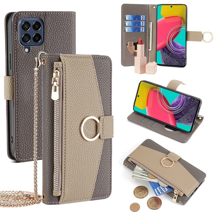 For Samsung Galaxy M53 5G Case Zipper Pocket Crossbody Phone Wallet Cover - Grey