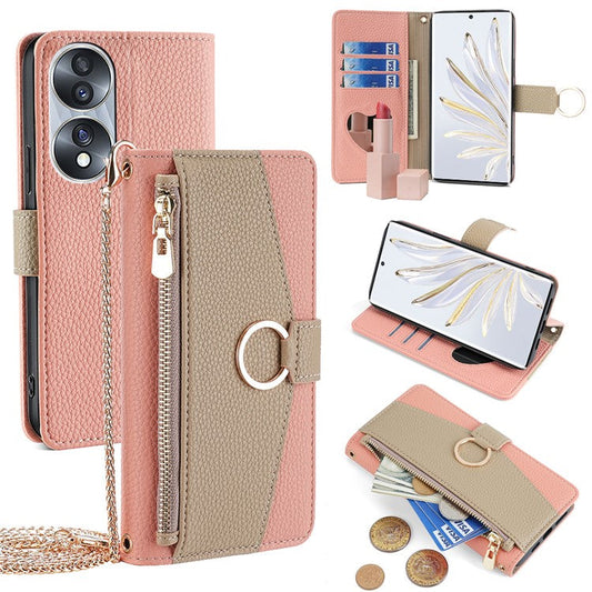 For Honor 70 5G Case PU Leather Zipper Pocket Stand Cover with Shoulder Strap - Pink