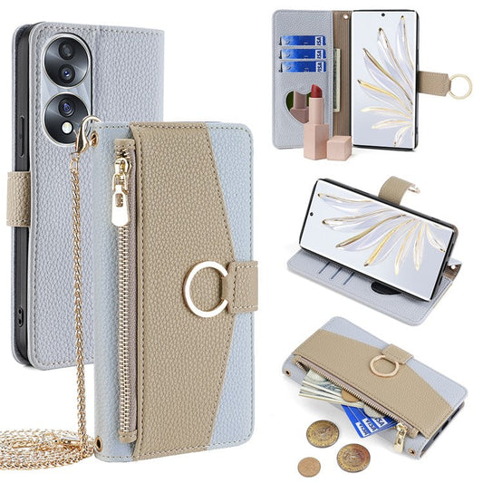 For Honor 70 5G Case PU Leather Zipper Pocket Stand Cover with Shoulder Strap - Blue