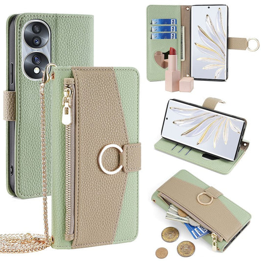 For Honor 70 5G Case PU Leather Zipper Pocket Stand Cover with Shoulder Strap - Green