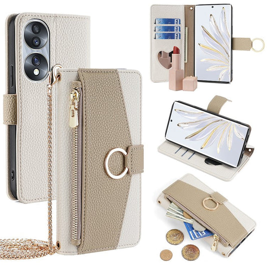 For Honor 70 5G Case PU Leather Zipper Pocket Stand Cover with Shoulder Strap - White