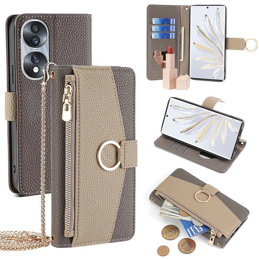 For Honor 70 5G Case PU Leather Zipper Pocket Stand Cover with Shoulder Strap - Grey