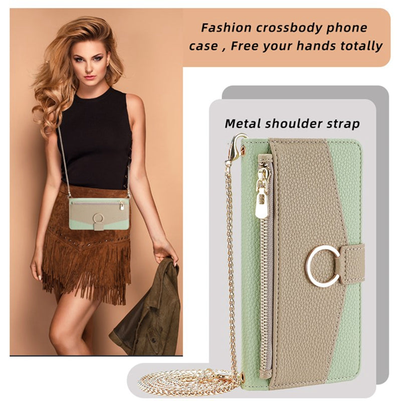 For vivo Y16 4G / Y02s 4G Case Wallet Phone Leather Cover with Chain Shoulder Strap - Green
