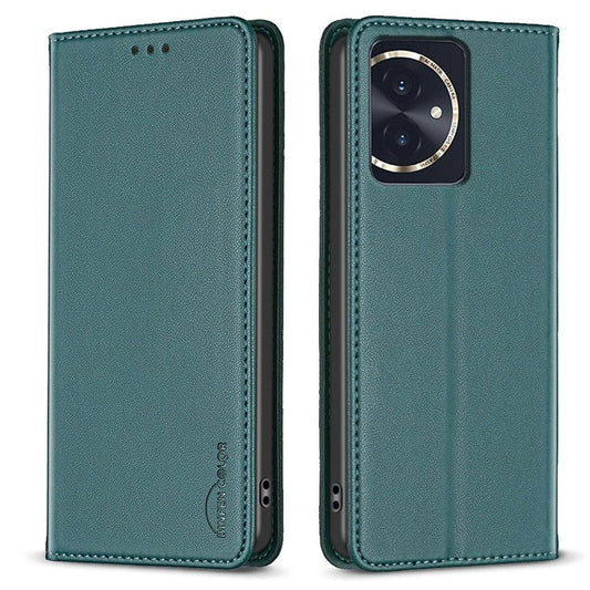 BINFEN COLOR BF18 For Honor 100 5G Cell Phone Case Card Holder Flip Stand Leather Cover - Green