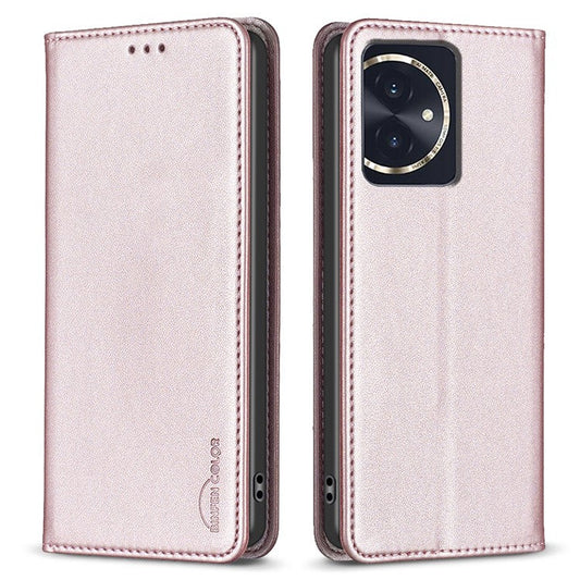 BINFEN COLOR BF18 For Honor 100 5G Cell Phone Case Card Holder Flip Stand Leather Cover - Rose Gold