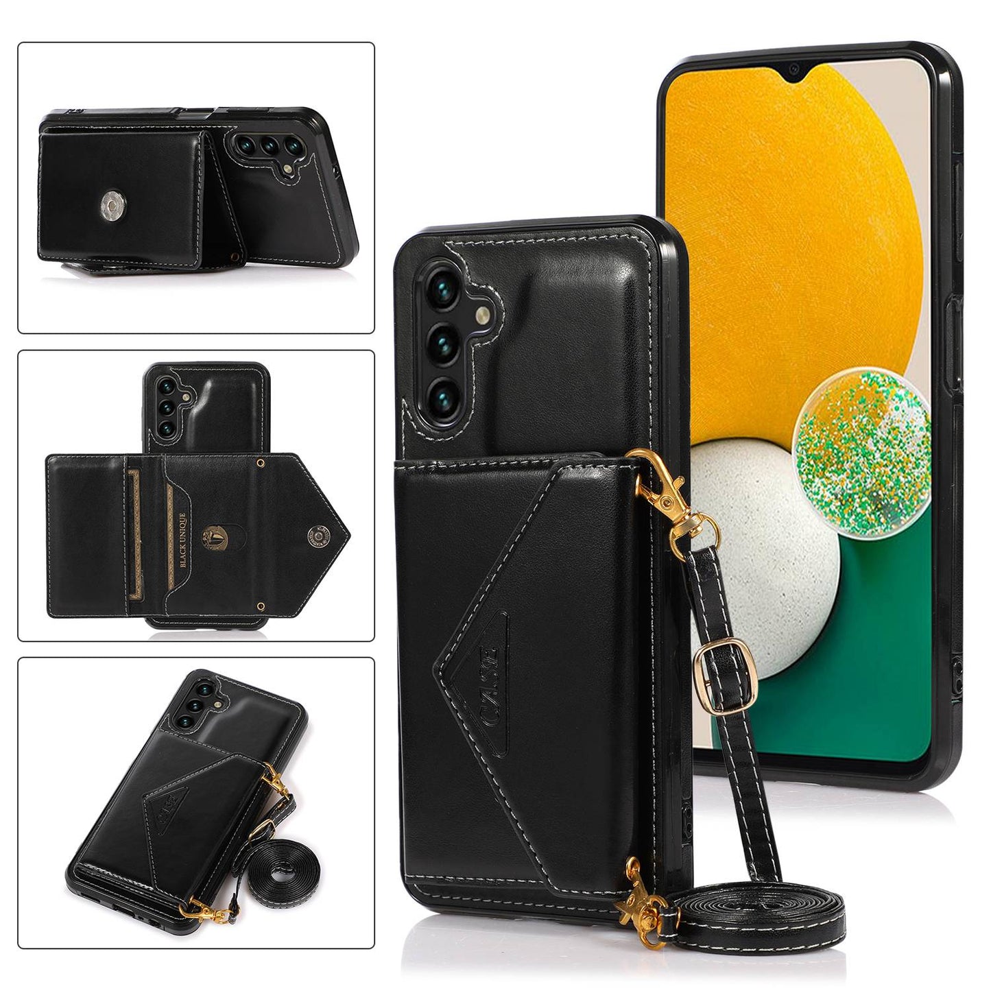 For Samsung Galaxy S24+ Case PU Leather Coated TPU Kickstand Phone Cover with Shoulder Strap - Black