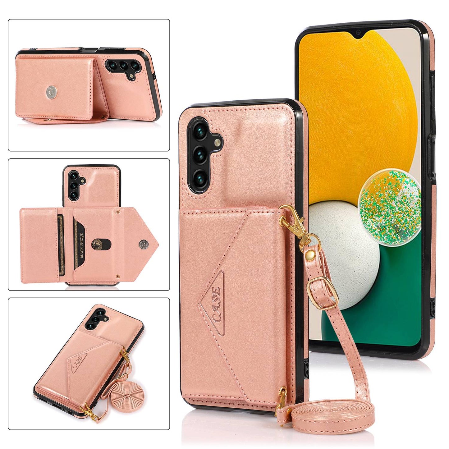 For Samsung Galaxy S24+ Case PU Leather Coated TPU Kickstand Phone Cover with Shoulder Strap - Rose Gold