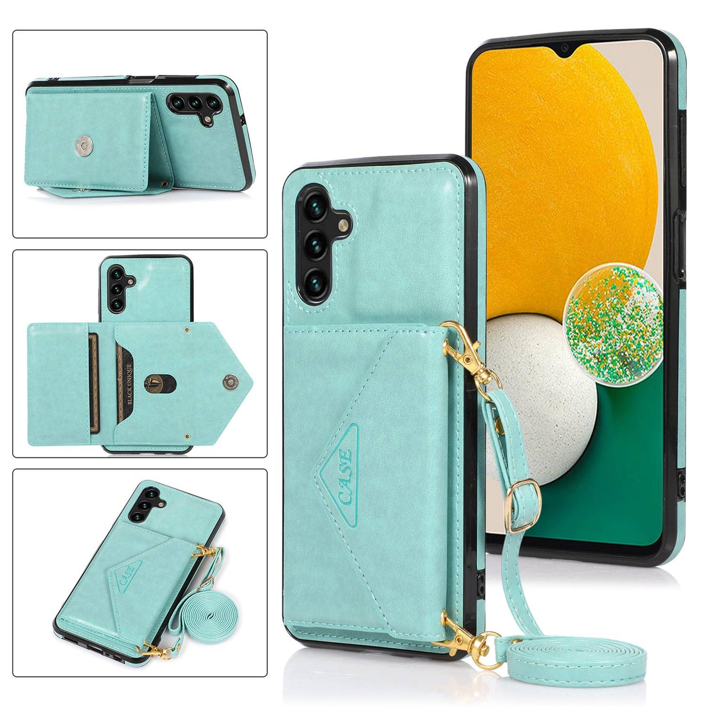 For Samsung Galaxy S24+ Case PU Leather Coated TPU Kickstand Phone Cover with Shoulder Strap - Green