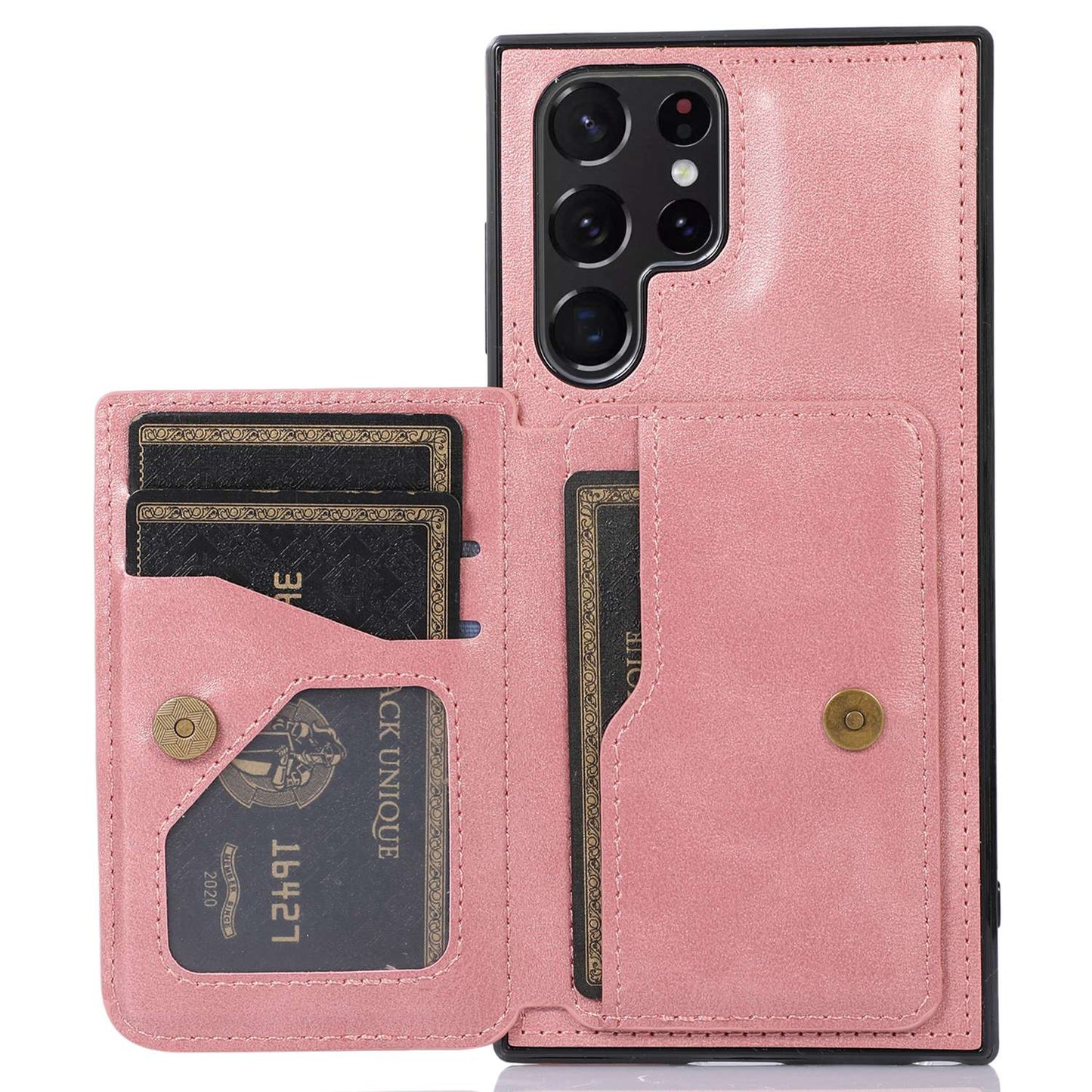 For Samsung Galaxy S24 Ultra Case Card Holder Kickstand PU Leather+TPU Phone Cover - Rose Gold