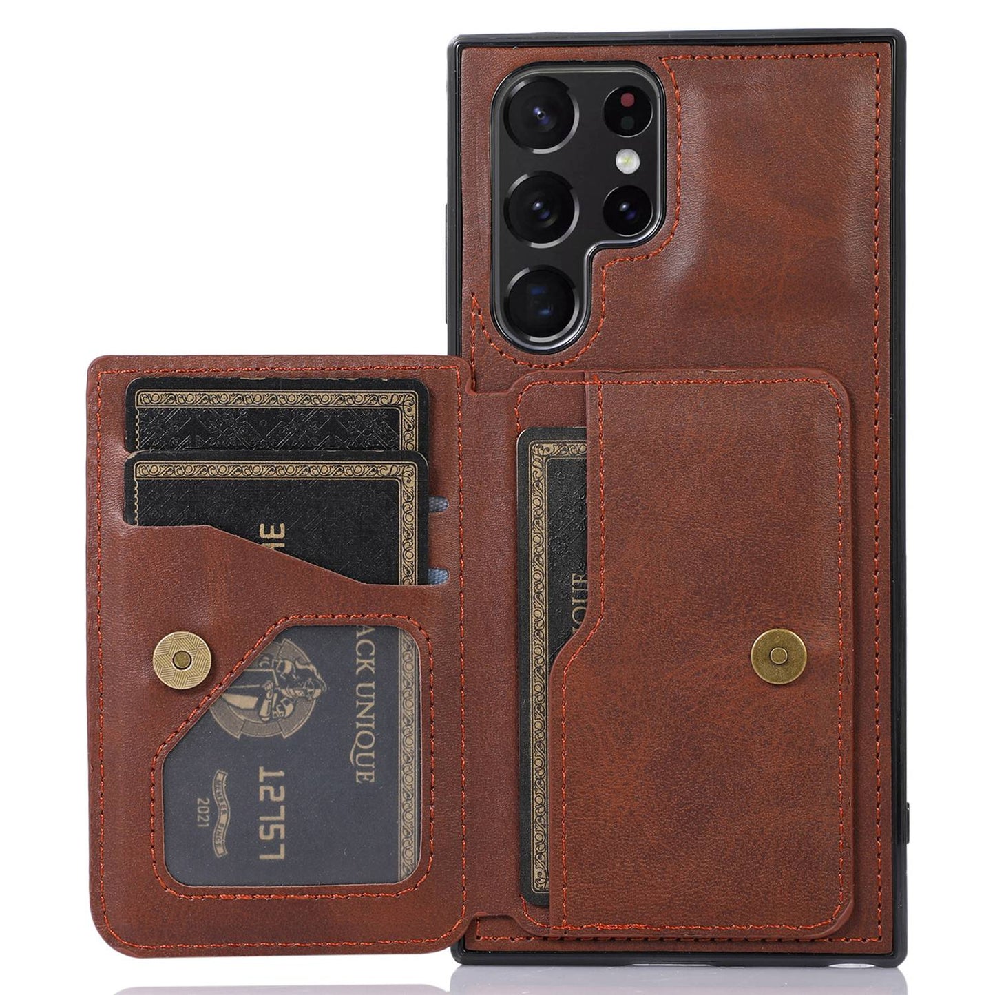 For Samsung Galaxy S24 Ultra Case Card Holder Kickstand PU Leather+TPU Phone Cover - Coffee