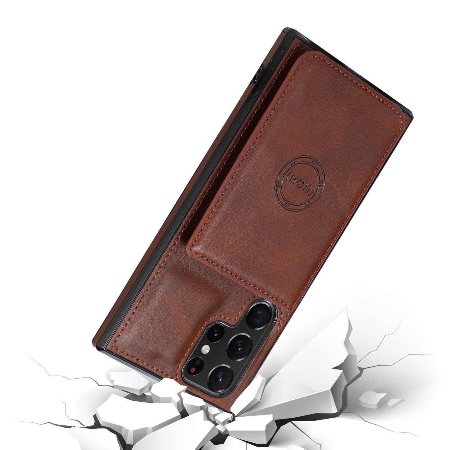 For Samsung Galaxy S24 Ultra Case Card Holder Kickstand PU Leather+TPU Phone Cover - Coffee