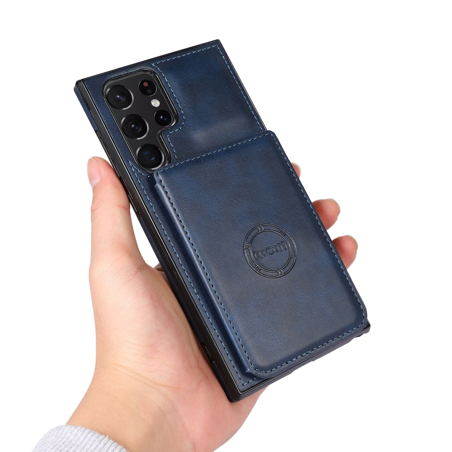 For Samsung Galaxy S24 Ultra Case Card Holder Kickstand PU Leather+TPU Phone Cover - Blue