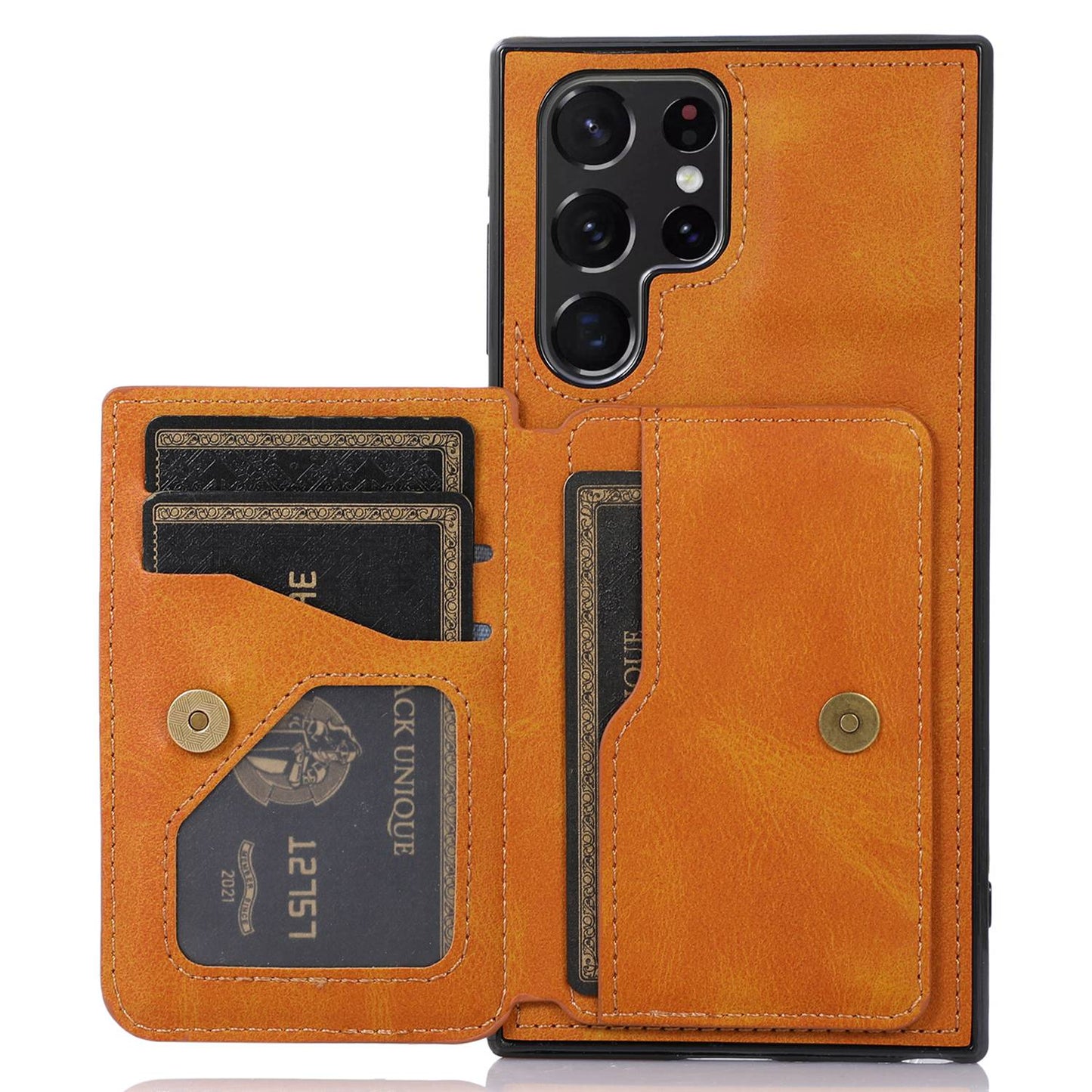 For Samsung Galaxy S24 Ultra Case Card Holder Kickstand PU Leather+TPU Phone Cover - Brown