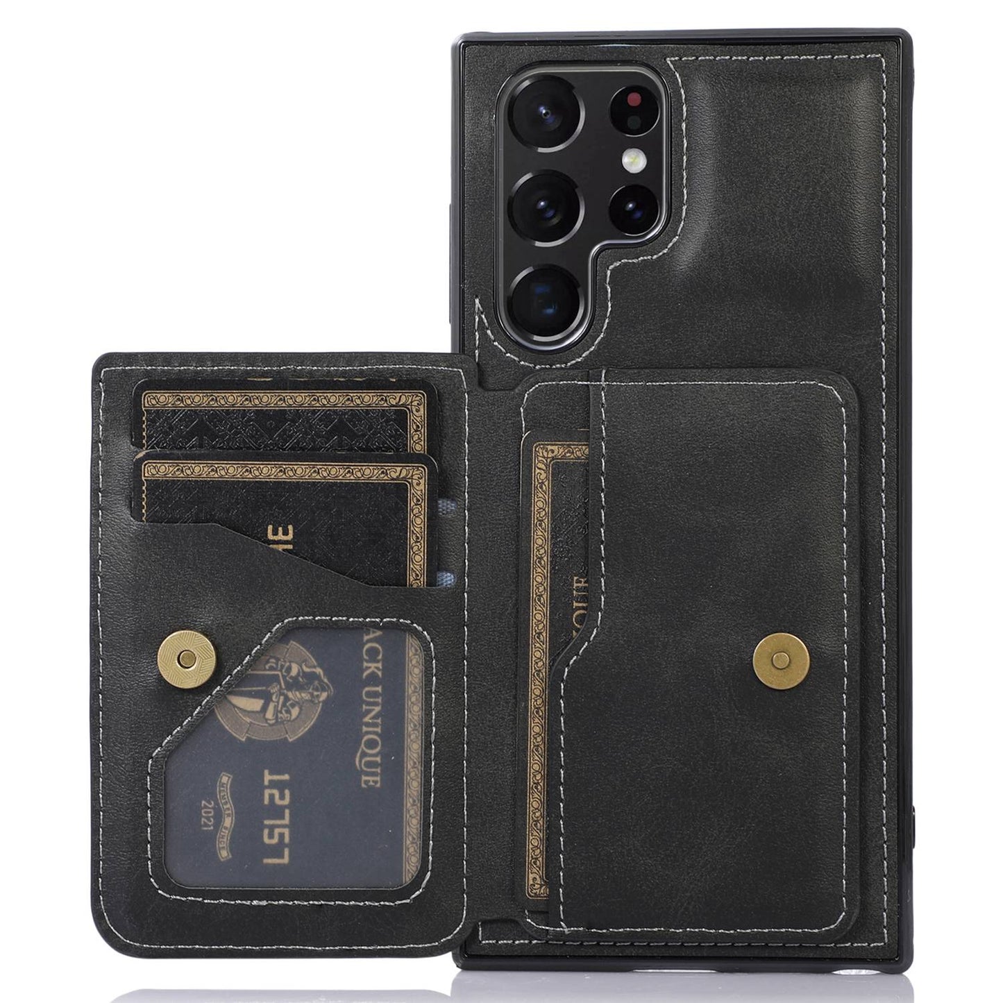 For Samsung Galaxy S24 Ultra Case Card Holder Kickstand PU Leather+TPU Phone Cover - Black