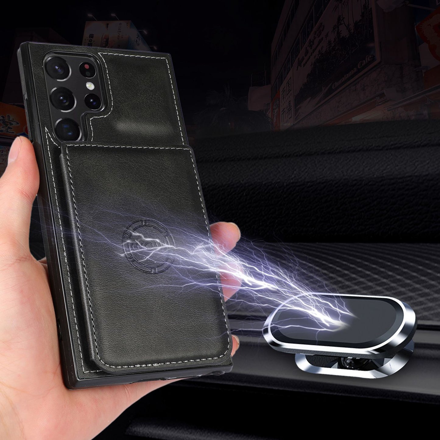 For Samsung Galaxy S24 Ultra Case Card Holder Kickstand PU Leather+TPU Phone Cover - Black