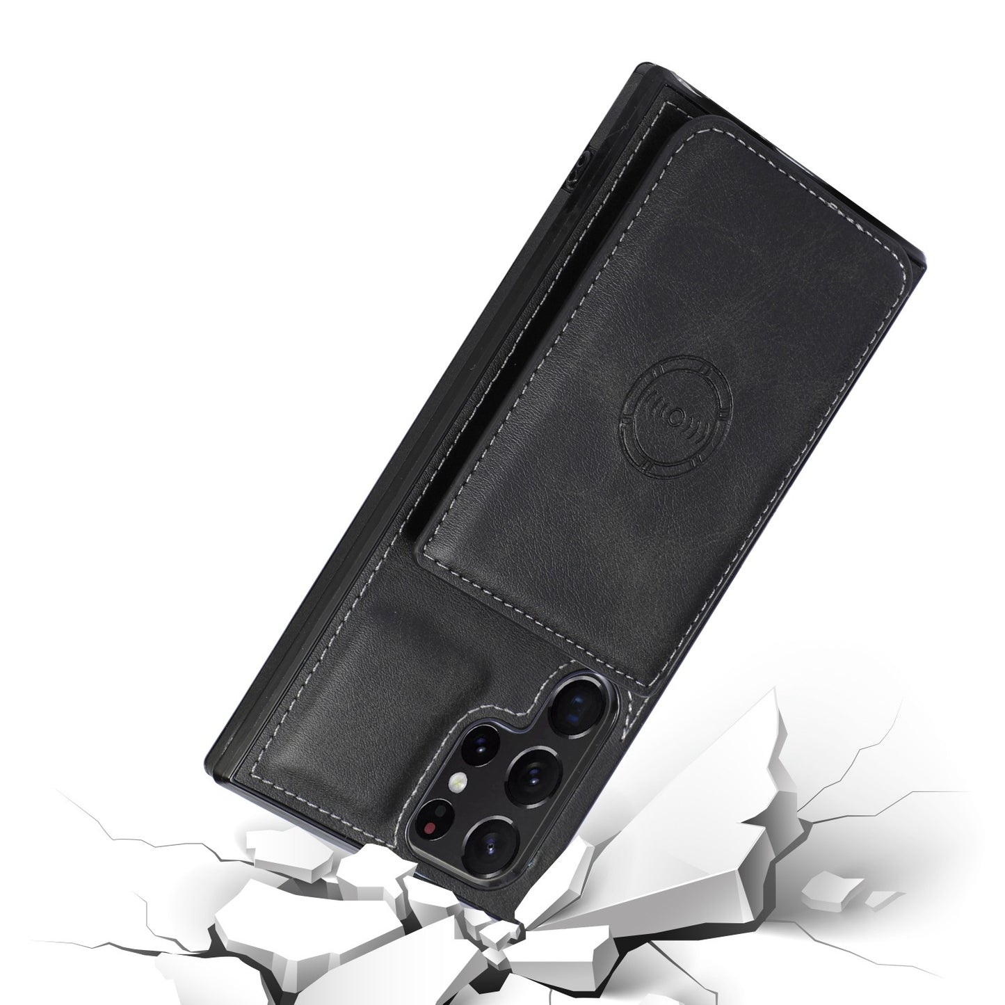 For Samsung Galaxy S24 Ultra Case Card Holder Kickstand PU Leather+TPU Phone Cover - Black