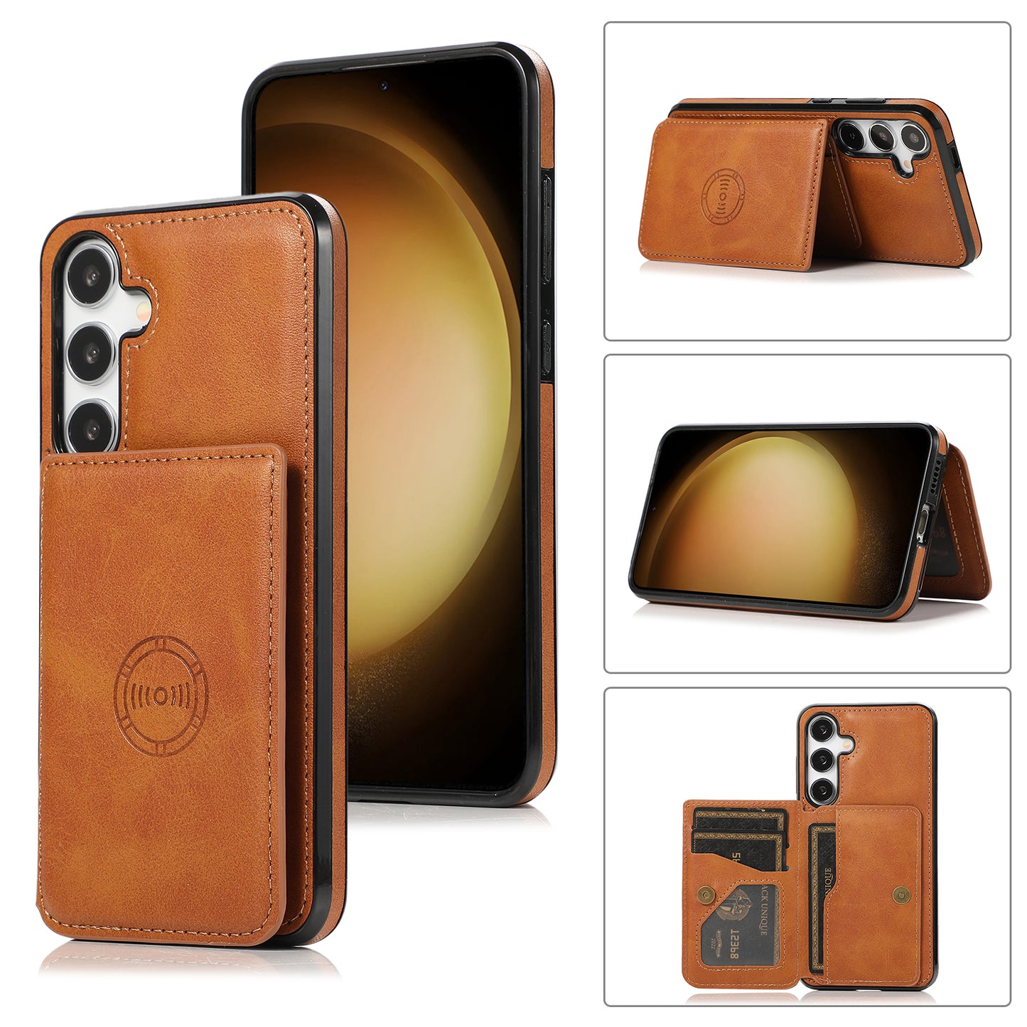 For Samsung Galaxy S24+ Cell Phone Case with Card Holder Kickstand PU Leather+TPU Cover - Brown
