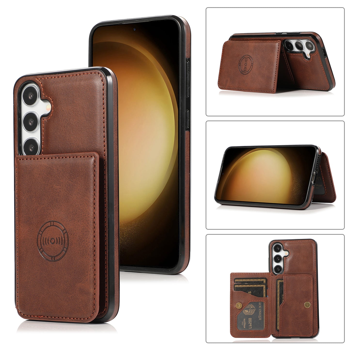 For Samsung Galaxy S24+ Cell Phone Case with Card Holder Kickstand PU Leather+TPU Cover - Coffee