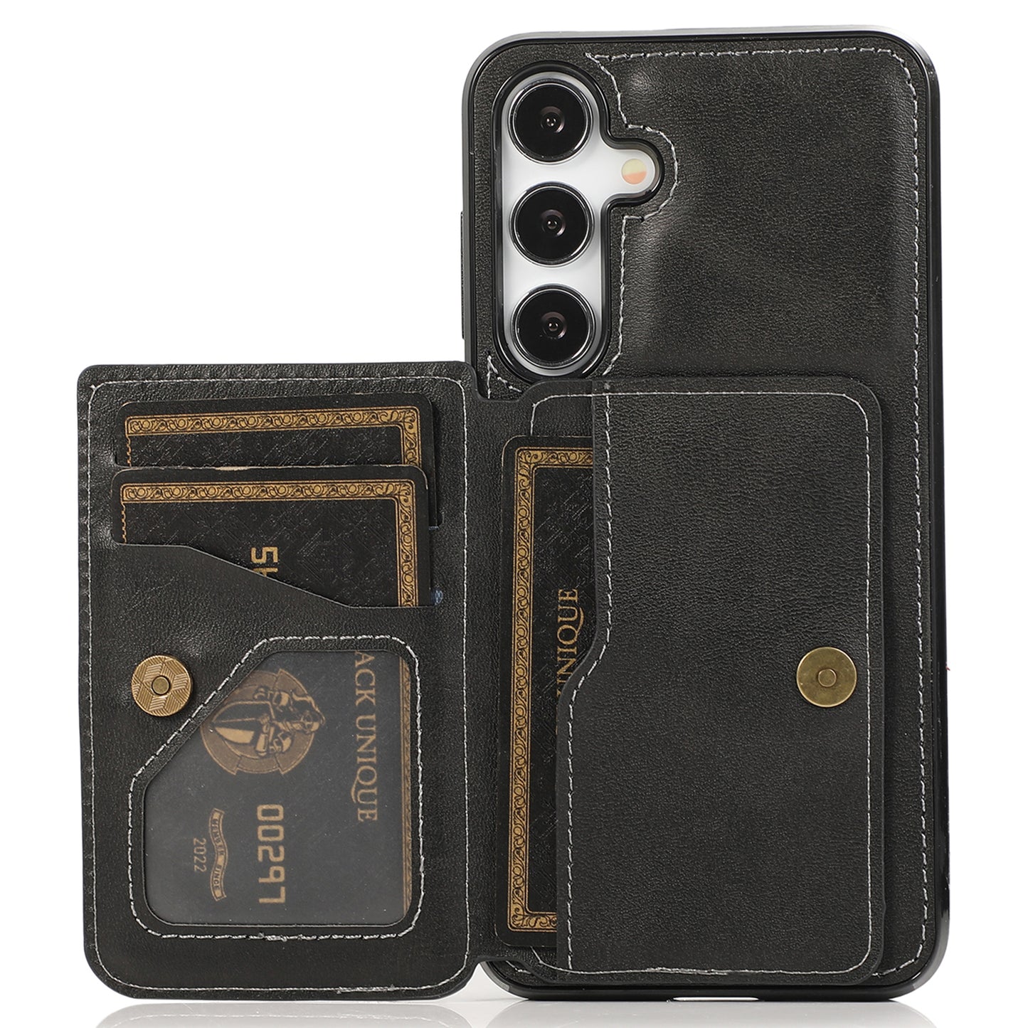For Samsung Galaxy S24 Cell Phone Case with Card Holder PU Leather+TPU Kickstand Cover - Black