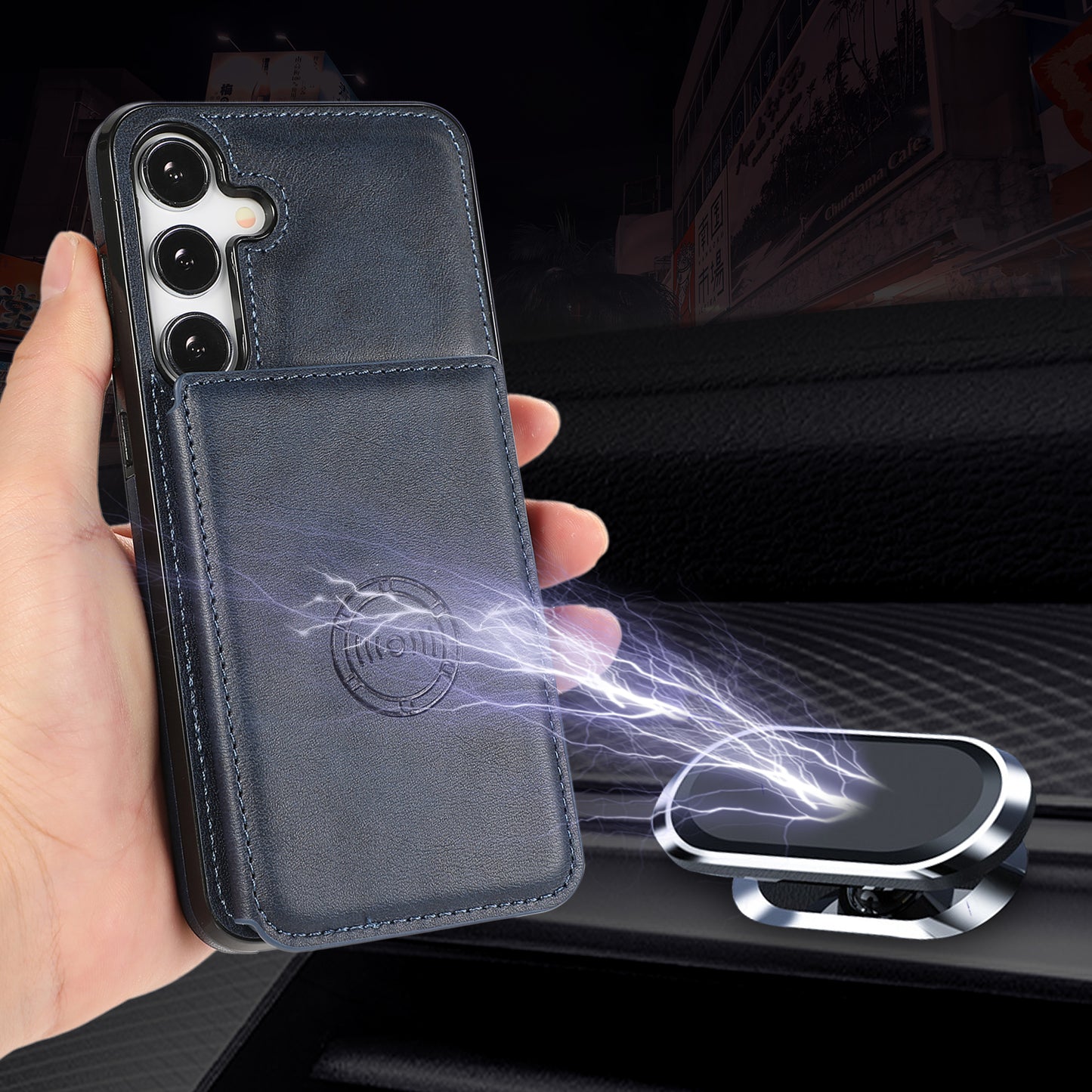 For Samsung Galaxy S24 Cell Phone Case with Card Holder PU Leather+TPU Kickstand Cover - Blue