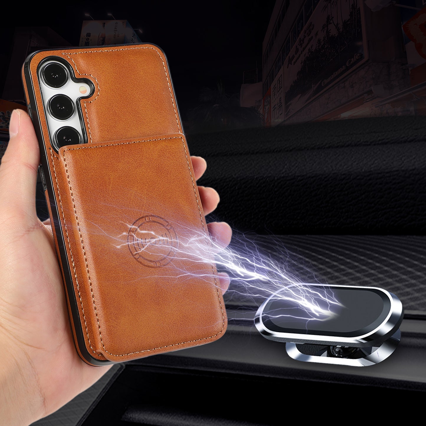 For Samsung Galaxy S24 Cell Phone Case with Card Holder PU Leather+TPU Kickstand Cover - Brown