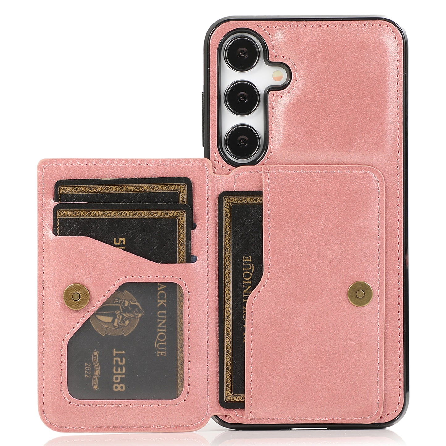 For Samsung Galaxy S24 Cell Phone Case with Card Holder PU Leather+TPU Kickstand Cover - Rose Gold