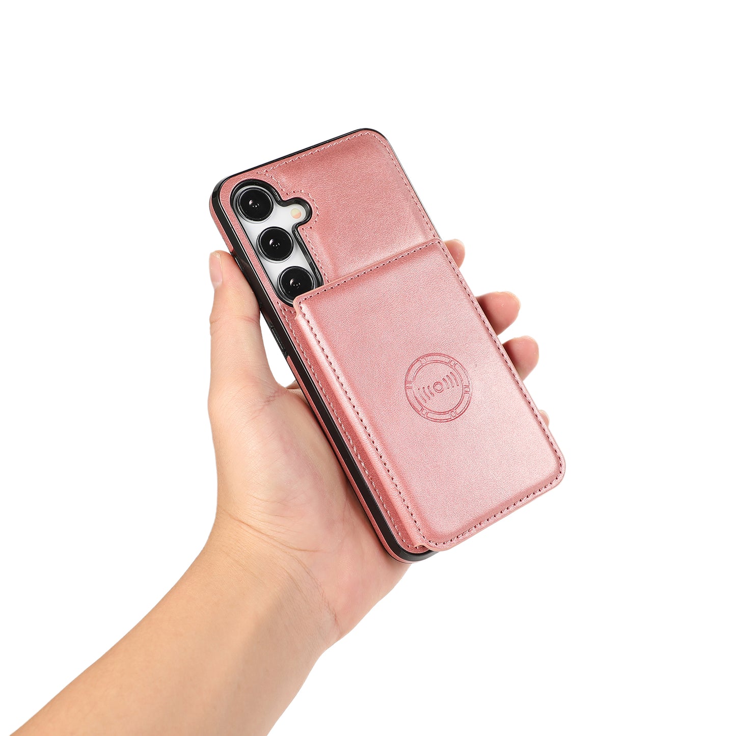 For Samsung Galaxy S24 Cell Phone Case with Card Holder PU Leather+TPU Kickstand Cover - Rose Gold