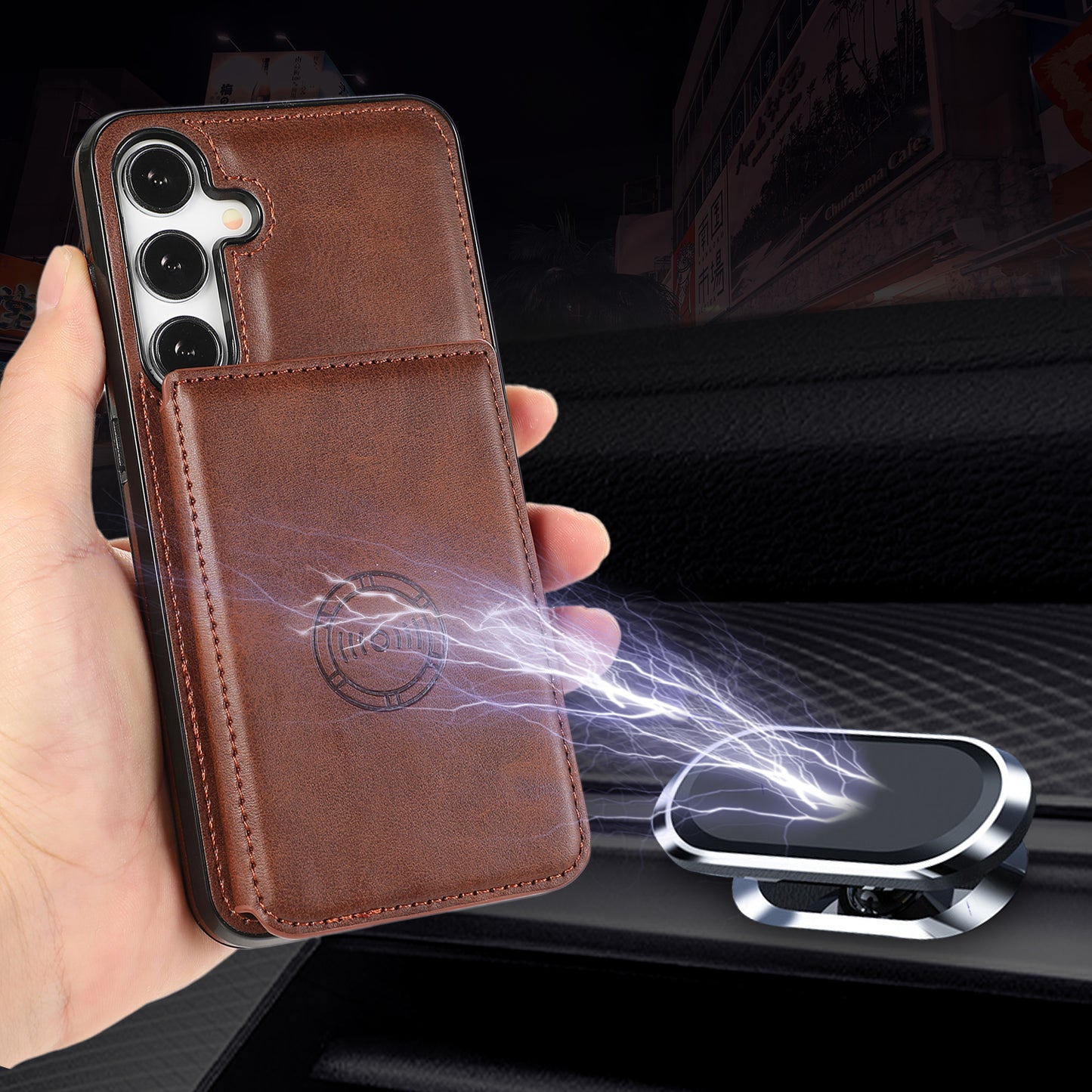 For Samsung Galaxy S24 Cell Phone Case with Card Holder PU Leather+TPU Kickstand Cover - Coffee