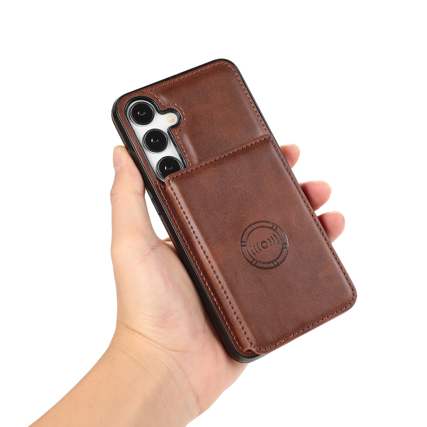For Samsung Galaxy S24 Cell Phone Case with Card Holder PU Leather+TPU Kickstand Cover - Coffee