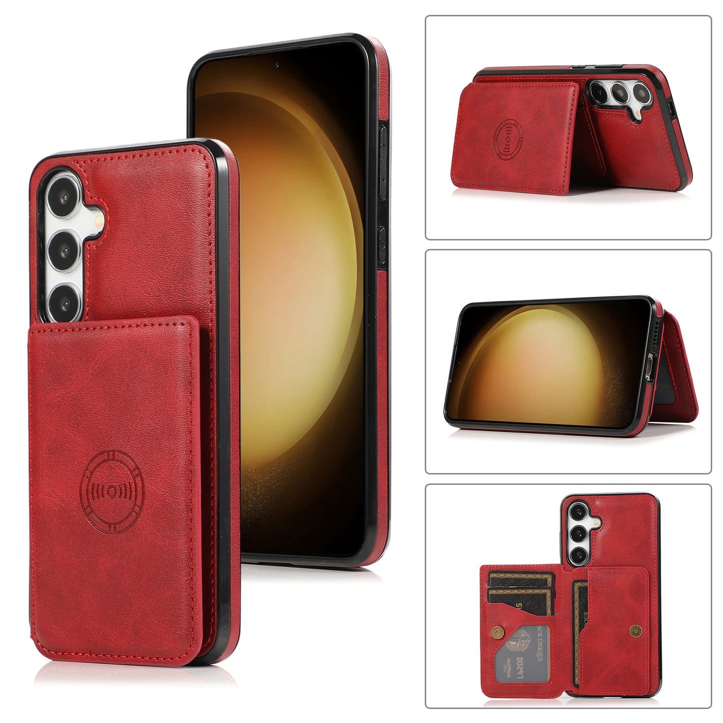 For Samsung Galaxy S24 Cell Phone Case with Card Holder PU Leather+TPU Kickstand Cover - Red