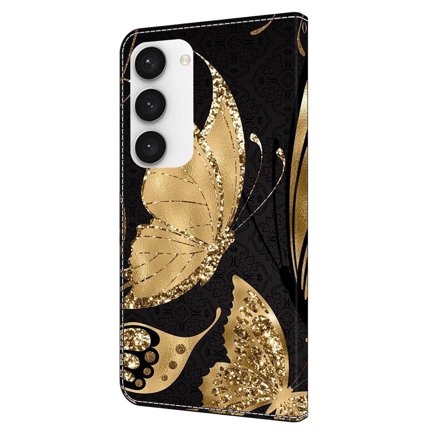 For Samsung Galaxy S24+ Case Shockproof PU Leather 3D Pattern Phone Wallet Cover - Golden Butterfly